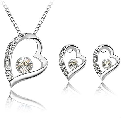 Fashion Womens Jewellery Crystal Diamond Heart Pendant Necklace and Earrings Stud 18K White Gold Plated (White)