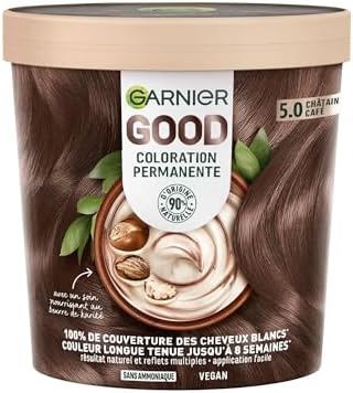 Garnier - Colorazione permanente - Senza ammoniaca - 90% di ingredienti di origine naturale e formula vegana - Burro di karité - 100% copertura capelli bianchi - castano chiaro caffè (5.0) - Good