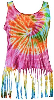 Gringo Fair Trade Cotton Tie Dye Slash Fringe Tshirt Hippie Festival (Small/Medium)
