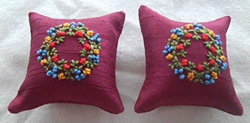 1/12th Scale Hand Stitched Red Cushions: Red & Gold Rose Garland. Blue French Knots