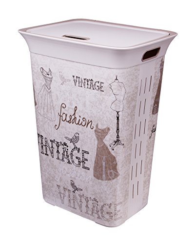 Wäschetruhe Set Wäschekorb Wäschepuff mit Belüftung Moda Vintage 60 Liter mit Deckel + 45 Liter Wäschesammler mit 4 Griffen - 3