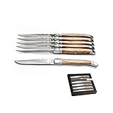 6 couteau Laguiole steak en coffret. Lame lisse inoxydable et affutable. Lg 23cm. Manche en bois exotique pour les amateurs, le couteau Laguiole de tous les jours !