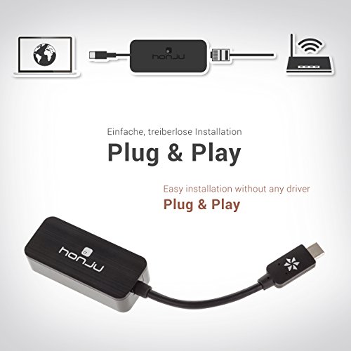 honju USB-C (Thunderbolt 3) auf Gigabit Ethernet Adapter fÃ¼r PC/Notebook/MacBook - schwarz [USB-C | RJ45-Port | 10/100/1000Mbps | Plug & Play | Wake-on-Lan Funktion | 