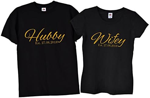 TrendySnog Tees Personalised Hubby &amp; Wifey Couple Wedding Day T-Shirts 036 - Premium Black &amp; Gold Colour - Fast Shipping - High Quality FOTL Garments - S M L XL XXL (Mens - Medium, Womens - Medium)