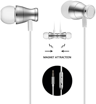 Earbuds Earphones Headphones, Geabon In-Ear Headphones Magnetic Wired Earphones Stereo Noise Cancelling Earbuds Sports Headset with Mic/Volume control (Silver)