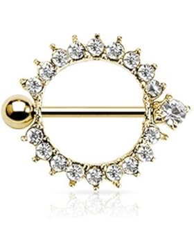 24K Gold mit klaren CZ Full Circle Brustwarzenschutz (1Paar) eloxiert über 316L chirurgischer Stahl nickel 14g