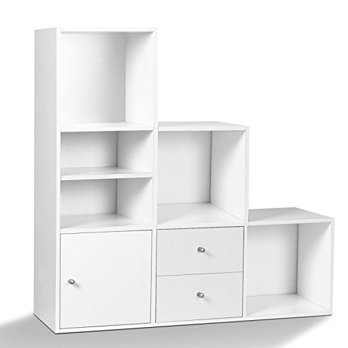 IDMarket - Meuble de Rangement escalier 3 Niveaux Bois Blanc avec Porte et tiroirs