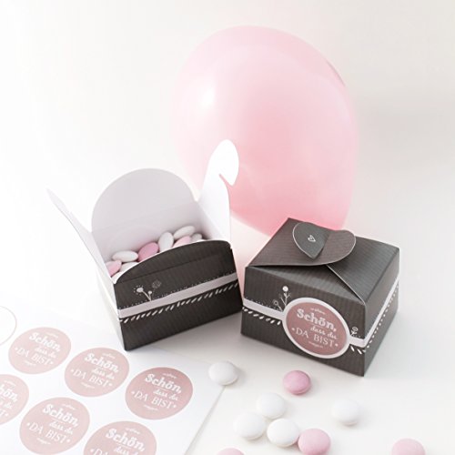10 kleine Pralinenschachteln, Kartonagen, Kuchenschachteln zum selbst Befüllen und beschriften im Retro Design mit Sticker Feld – für Macarons, Mini Cupcakes, Pralinen, Muffins, Glückskekse oder Gastgeschenke zur Hochzeit, Konfirmation, Weihnachten, Ostern oder Taufe in edlem Grau - 3