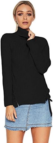 women slim sweater knit casual high collar cross straps long sleeve elasticity sweatshirts pullovers tops . black . l