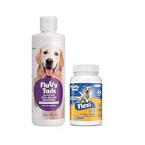 Combo pack of FluffyTails Flexi for strong Bone, Joint and Cartilage, joint lubrication, build muscle / tissue / cartilage, Support for Dogs, Cats (50 Soft Chew Tablets) and Dermasoothe itch relief shampoo (250 mL)