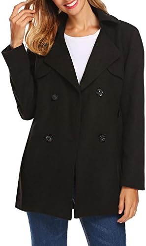 zeela Ladies Casual Pea Coat Jacket Double Breasted Wool Blended Trench Coat Long Sleeve Notched Lapel Overcoat Belt Outerwear Spring Winter