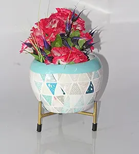 Elegant Crafts India Indoor Plant Pot or Table Planter with Rust Free Metal Stand for Indoor and Outdoor Gardening Plants Pack of 1 Width X Height 06X06 Inches (Sky Blue and White Designs)