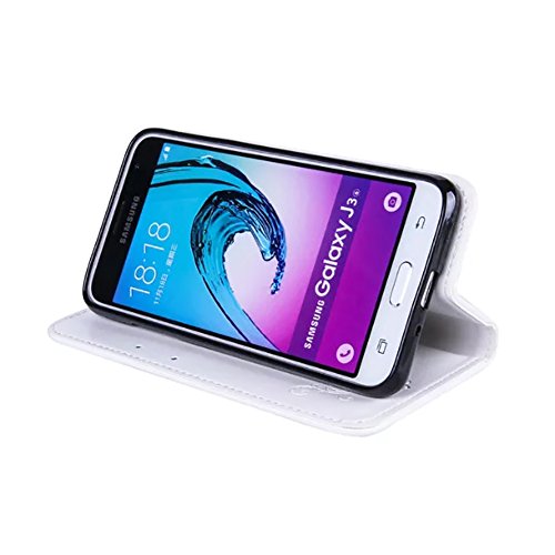 SKYXD für Samsung Galaxy J3 2016 Hülle Leder Rosen Blumen und Schmetterlings Muster,PU Folio Klappbar SchutzHülle [Brieftasche Kartenfach / Magnet / Standfunktion / Trageschlaufe] KlappHülle für mit [Krone Handyanhänger + Eingabestift] 3 in 1 Zubehör Set Handy Tasche Etui für Samsung Galaxy J3 2016 J320F J3 Duos Bookstyle Flip Case Leather Cover With [Stylus and Dust Plug]- Weiß - 5