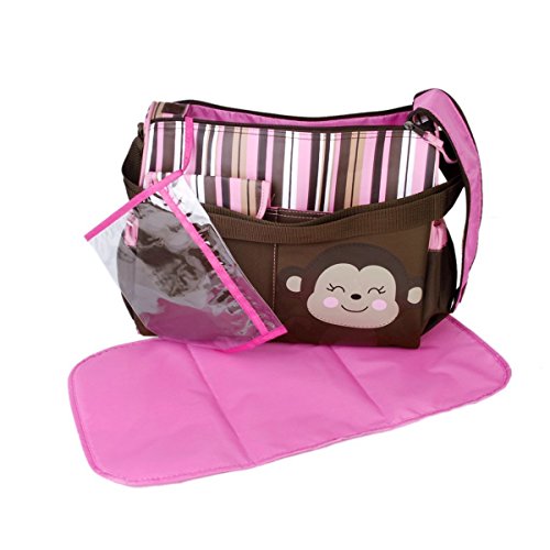 OULII Cute Monkey Print Multi-functional Large Capacity Baby Diaper Nappy Changing Pad Travel Mummy Handbag Tote Bag Shoulder Bag Crossbody Messenger Bag (Pink)