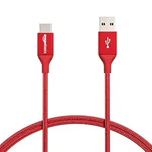 AmazonBasics Double Braided Nylon USB Type-C to Type-A 2.0 Male Cable, 3 feet, Red