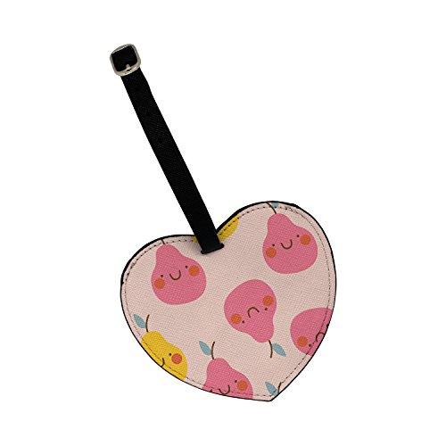 Pear Pattern Printed Heart Shaped Suitcase Luggage Tag With Adjustable Strap & Silver Buckle - Personal Information Card On The Reverse By Humblebee London - HB-HLT-S3374