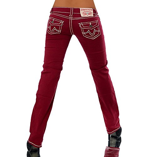 H922 Damen Bootcut Jeans Hose Damenjeans Hüftjeans Gerades Bein Dicke Naht Nähte, Farben:Bordeaux;Größen:36 (S) - 