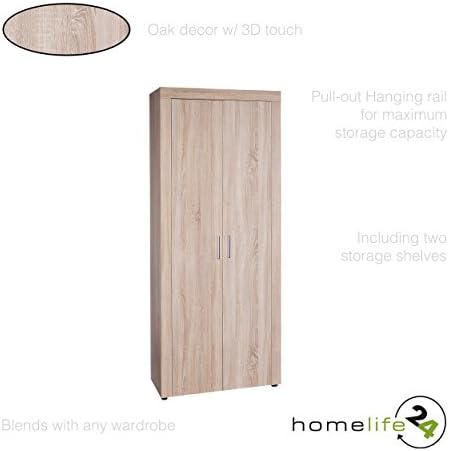 H24living Wardrobe Locker Closet Organiser Cabinet 2 Doors 2 Shelves Pull-out Hanger Rail in Oak Finish