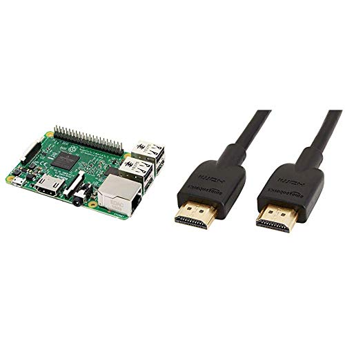 Raspberry Pi 3 Modelo B - Placa Base (1.2 GHz Quad-Core Arm Cortex-A53, 1GB RAM, USB 2.0) & AmazonBasics - Cable HDMI 2.0 de Alta Velocidad (Ethernet, 3D, vídeo 4K y ARC, 1.8 m), Color Negro