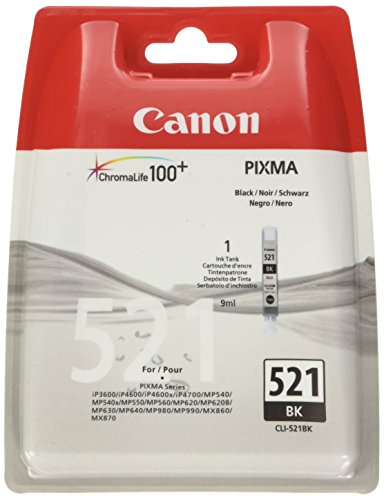 Canon Tintenpatrone CLI-521 BK für iP3600/4600/4700, MP540/550/560/620/630/640/980/990, MX860/870, Foto-Schwarz