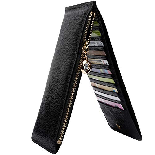 YALUXE Femme Portefeuille Blocage RFID Porte-Cartes Zippé Bien Organisateur des Cartes Cuir Véritable Doux Noir
