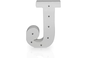 K AKTUAL Letra J en Madera Blanca Iluminada con 10 Luces LED - Decoración e Iluminación de Escaparates o Espacios - Ideal para Apoyar o Colgar - Funciona con Pilas AAA - Altura 15 cm - Aktual
