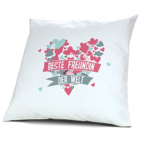 Kopfkissen Beste Freundin der Welt - Motiv Herz, 40 cm, 100% Baumwolle, Kuschelkissen, Liebeskissen, Namenskissen, Geschenkidee