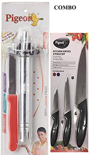 Pigeon Combo of Gas Lighter Super with Stand & Free Knife and Steel Knife Set (Pack of 3)