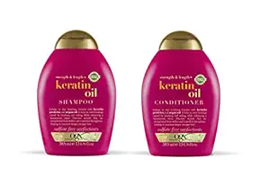 OGX Strength & Length Keratin Fortifying Anti-Frizz Shampoo + Conditioner for Damaged Hair & Split Ends, with Keratin Proteins & Argan Oil, Paraben-Free, Sulfate-Free 385+385 ml