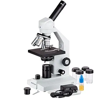 AmScope M500C-LED Cordless Monocular Compound Microscope, WF10x and WF25x Eyepieces, 40x-2500x Magnification, Anti-Mold Optics, LED Illumination, Brightfield, Abbe Condenser, Coarse and Fine Focus