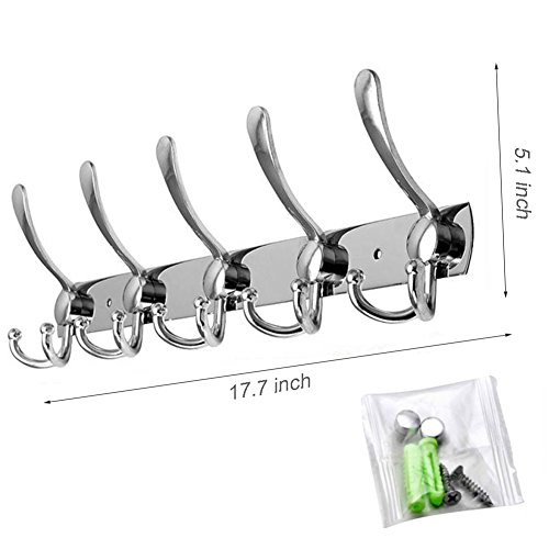 Hakenleiste Kleiderhaken Edelstahl Rostfrei Wandgaderobe Handtuchhaken Wandhaken Bademantelhaken Mantelhaken Bad Haken Handtuchhalter Gebürstet ca. 30kg Belastbar 5 Doppelhaken - 5