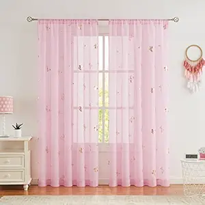 Jubilantex Pink Butterfly Sheer Curtains Panels for Baby Girls Nursery, Kids Room Toddler Linen Texture Gold Print Drapes 84 Inch Rod Pocket Window Treatment Sets for Living Room, Bedroom, 2 Panels