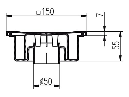 Bodenablauf-Duschablauf in Edelstahl-150x150mm – DN 50 -Superflach – 55mm Einbautiefe – Geruchsverschluß – (320-N) - 2