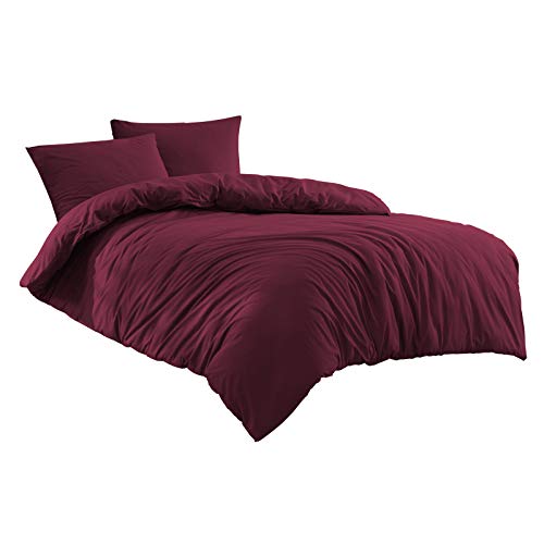 Class Home Collection 3 TLG. Renforce Baumwolle Bettwäsche Bettgarnitur Uni (Bordeaux, 200 cm x 220 cm)