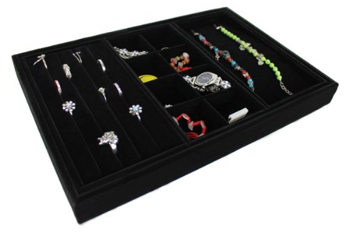 Yudu® 4 tlg. Samt -Vorlagebrett mit Haken Fächer für Ringe Ketten Schmuck schwarz
