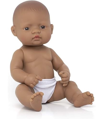 Miniland Dolls: European Baby Doll Boy, 38 Cm Soft Vinyl, Movable, Anatomically Correct – Black Curls, Gift Box