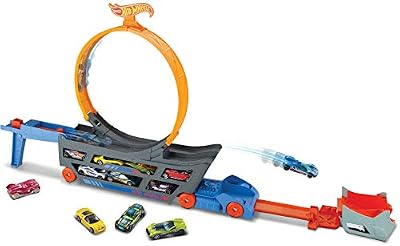 Hot Wheels Camion Transporteur de Piste Stunt and Go avec looping et rampe de lancement pliable pour 18 voitures, jouet pour enfant, GCK38