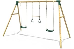 Rebo® Children's Wooden Garden Swing Set - Comet | OutdoorToys | Pressure Treated Timber, Soft Feel Ropes, Trapeze Bar with Rings, Sturdy Construction for Kids
