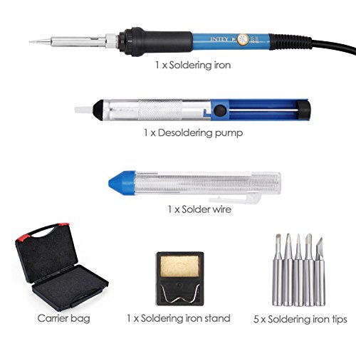 INTEY 9 PCS Lötkolben Set 60 W 220V Einstellbare Temperatur von 200–450° C Ideal für Lötarbeiten & Reparaturen, Perfekt für Hobby, Schule & Haushalt Soldering Iron mit Lötkolben, 5 Unterschiedlichen Lötspitzen, Löten-Ständer mit Saugschwamm, Lötzinn, Entlötpumpe und Koffer - 6