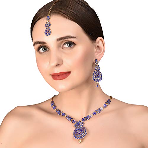Touchstone Ensemble de bijoux, collier, pour femme, en doré antique, indien Bollywood, motif floral, imitation saphir bleu strass, designer de mariage