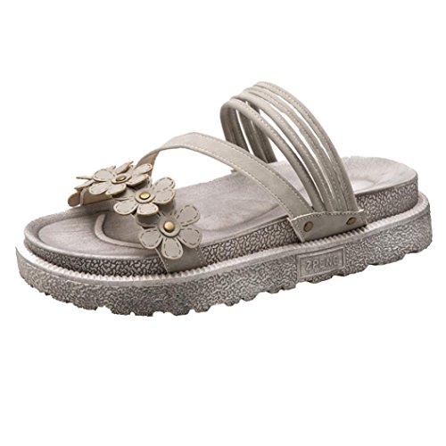 Preisvergleich Produktbild Manadlian PU-Leder Hausschuhe, Sandalen Damen Sommer Schnellverschluss Schlappen Pantoletten Schuhe Frauen Blumen Zehenschuhe Böhmen Strand Anti Schleudern Leicht Weich Flache Sandalen (37, Grau)