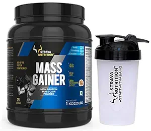 Strava Nutrition Creatine, Glutamine Mass Gainer Powder for Adults with Whey protein, Ashwagandha extract and Digestive enzymes (Chocolate Flavour) 1kg / 2.2 lbs with free shaker 500ml