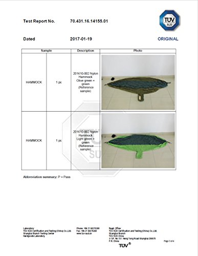 Kronenburg Ultraleichte Hängematte Fallschirm Nylon Fallschirmseide 275 x 140 cm, Traglast 300 kg TÜV SÜD geprüft mit 2 Karabiner und 2 Seilen Olive-Grün - 7
