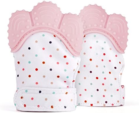 SOYAR Colorful Baby Teething Mittens,Baby Teether Soothing Pain Relief- Age 3-12 Months Protects Babys Hands from Salvia & Chewing - Secure Adjustable Strap.-Quarlz Pink
