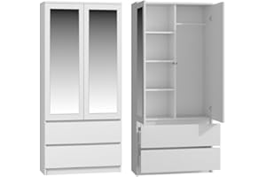 ‎CDF CDF Kleiderschrank mit Spiegel für Kinderzimmer Schlafzimmer 2 Schubladen 2-türig Kleiderschrank Zweitüriger Schrank Moderne Look Alles für die Montage Inklusive Garderobenschrank Klamotten