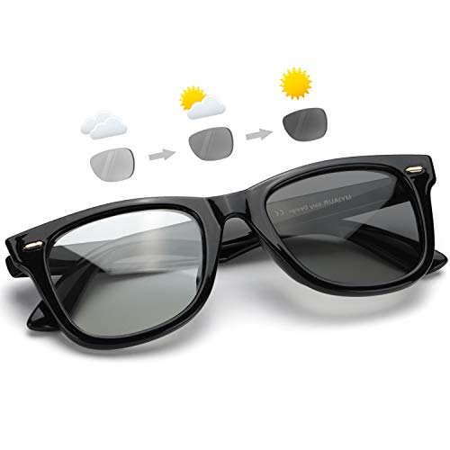 Myiaur Gafas de sol fotocromáticas Mujer, Lente polarizada cuadrada clásica Protección 100% UV (Marco negro Lente gris fotocromática)