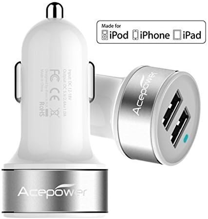 [Certified by Apple] ACEPower® Premium Smart Dual USB Ports 24W 4.8A Aluminum Panel Compact Designed USeB Car Chargr for Apple iPhone X / 8 / 8 Plus / 7s / 6s Plus, iPad Air 2, iPad Pro, iPad mini; Samsung Galaxy Tab,LG G4/G5/G6,Google Nexus 5X 6P and More (White+Silver)