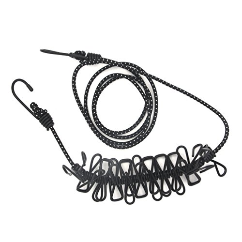 Sumbest Flexible Wäscheleine mit 12 beschichteten Klammern,180-360cm, Super Praktisch auch für Reise Urlaub Outdoor Camping (schwarz) - 2