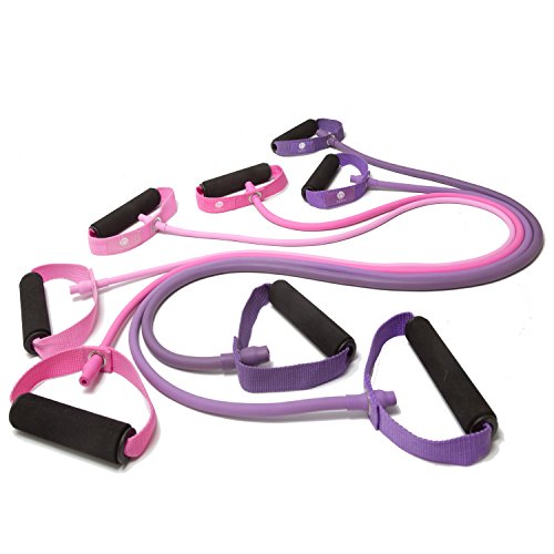 Exercise Tubes with Handles by Belus ~ Set of 4 Resistance Bands ~ for Workouts, Training, Crossfit, p90x, Pilates, Stretching, Fitness and More, Pink and Purple with Bonus Digital Exercise Guide