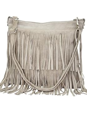 AMBRA Moda Damen Handtasche Ledertasche Umhängetasche Fransentasche Schultertasche Damentasche Wildleder 32 cm...